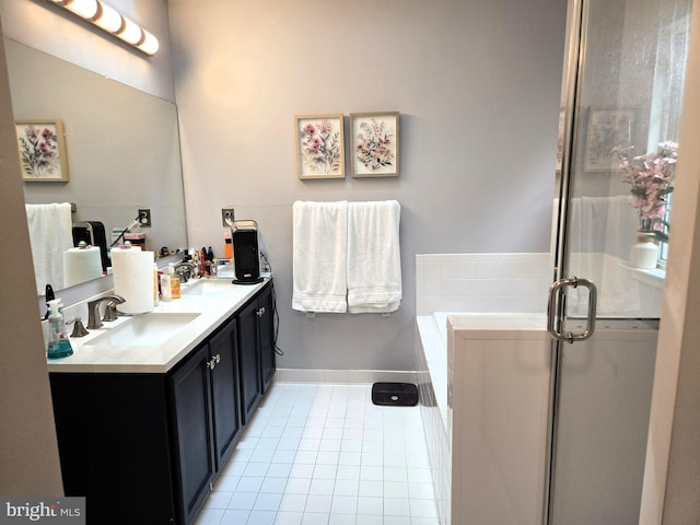 7832 Canter Ct, Severn, MD 21144 - full bathroom with tile patterned floors, double vanity, a bath, baseboards, and a shower stall