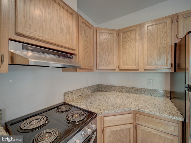 1812 Vernon St NW Unit 42, Washington, DC 20009 - kitchen featuring under cabinet range hood, light brown cabinetry, and stainless steel electric range