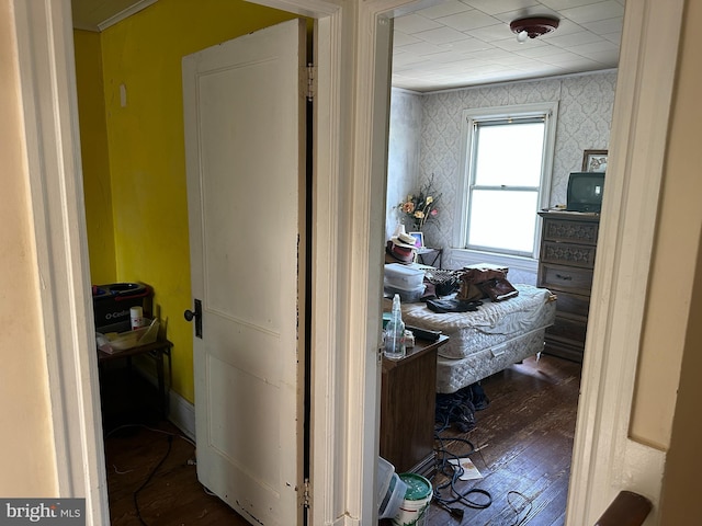 1533 N Carolina Ave NE, Washington, DC 20002 - hallway featuring wallpapered walls, hardwood / wood-style flooring, and crown molding