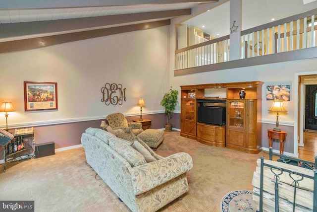 3097 Mill Rd, Doylestown, PA 18902 - carpeted living room featuring high vaulted ceiling and beamed ceiling