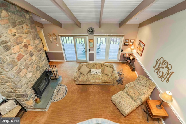 3097 Mill Rd, Doylestown, PA 18902 - living room featuring beamed ceiling, baseboards, and carpet
