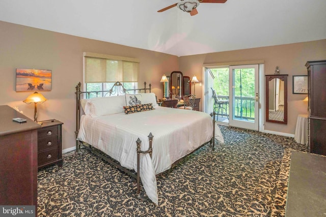 3097 Mill Rd, Doylestown, PA 18902 - bedroom with access to exterior, lofted ceiling, carpet flooring, baseboards, and a ceiling fan