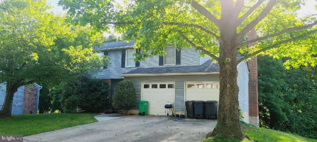 view of property exterior with concrete driveway, a garage, and a chimney