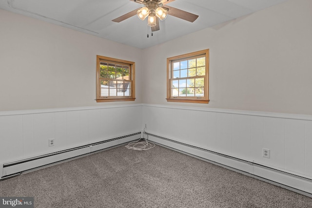 78 Cobalt Ridge Dr Unit E, Levittown, PA 19057 - unfurnished room with carpet, a wainscoted wall, a baseboard heating unit, and ceiling fan