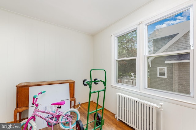 rec room with radiator, wood finished floors, and crown molding
