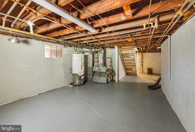 below grade area with water heater, stairs, and a heating unit