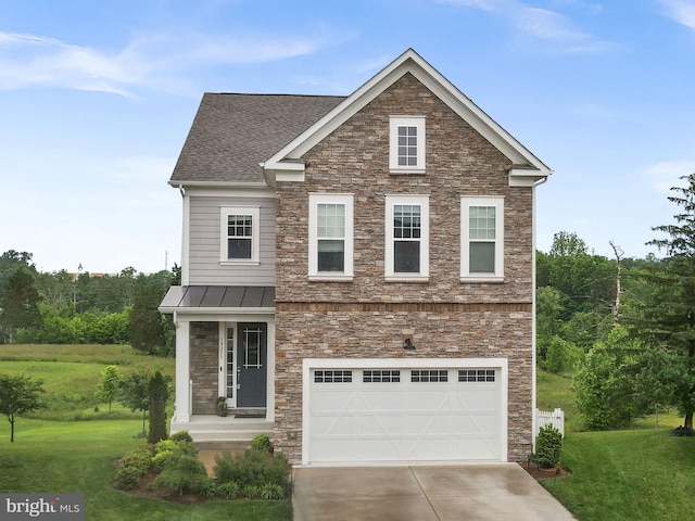 19253 Running Spring Ct, Leesburg, VA 20175 - view of front facade with stone siding, a front yard, an attached garage, driveway, and a shingled roof