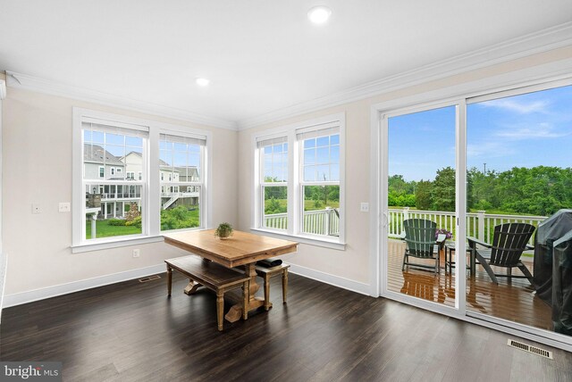 19253 Running Spring Ct, Leesburg, VA 20175 - dining space with baseboards, crown molding, dark wood-style floors, and recessed lighting