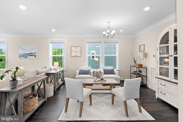 19253 Running Spring Ct, Leesburg, VA 20175 - living area with recessed lighting, dark wood-style flooring, a chandelier, ornamental molding, and baseboards