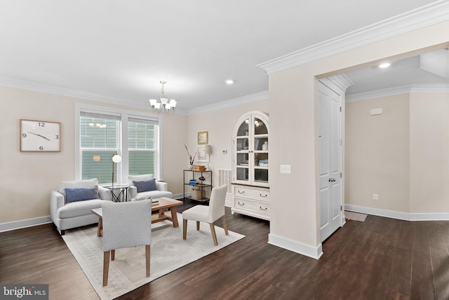 19253 Running Spring Ct, Leesburg, VA 20175 - living area featuring a chandelier, baseboards, dark wood finished floors, crown molding, and recessed lighting