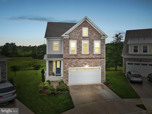 19253 Running Spring Ct, Leesburg, VA 20175 - view of front of house with a garage, concrete driveway, a front yard, and stone siding