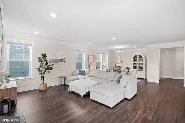 19253 Running Spring Ct, Leesburg, VA 20175 - living room with dark wood-style flooring, a chandelier, baseboards, ornamental molding, and recessed lighting