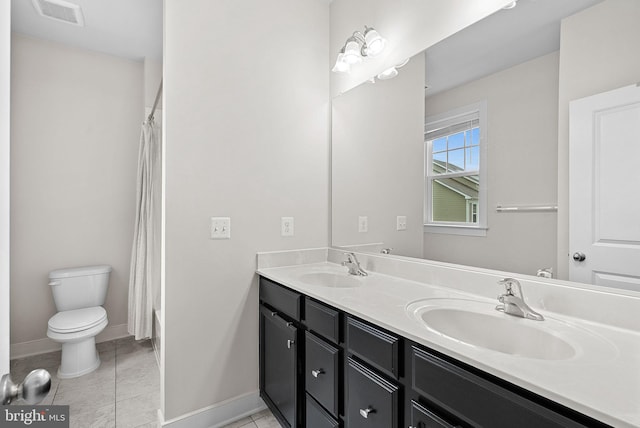 19253 Running Spring Ct, Leesburg, VA 20175 - full bath featuring double vanity, toilet, baseboards, tile patterned flooring, and shower / tub combo with curtain