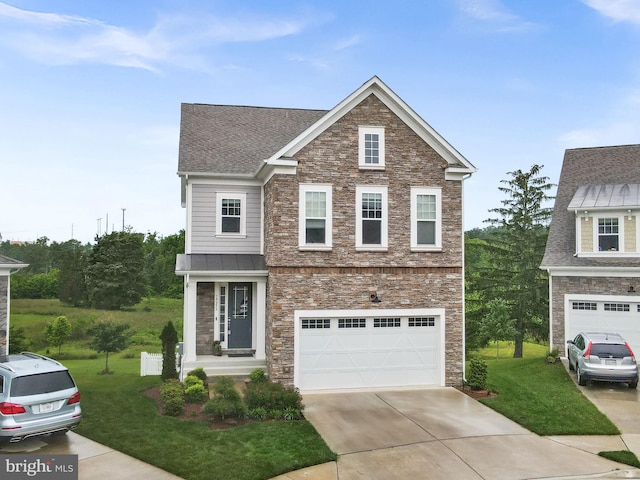 19253 Running Spring Ct, Leesburg, VA 20175 - view of front of property featuring stone siding, concrete driveway, a front yard, and a garage