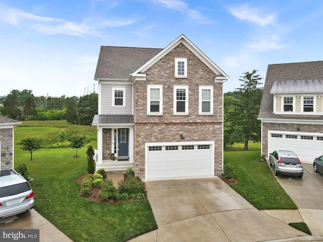 19253 Running Spring Ct, Leesburg, VA 20175 - view of front facade featuring a front lawn, concrete driveway, an attached garage, and stone siding