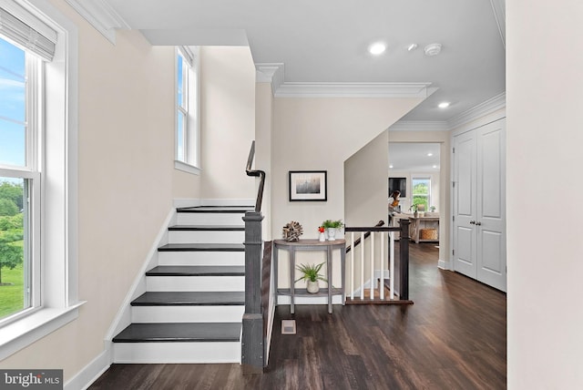 19253 Running Spring Ct, Leesburg, VA 20175 - stairs featuring wood finished floors, ornamental molding, recessed lighting, and baseboards