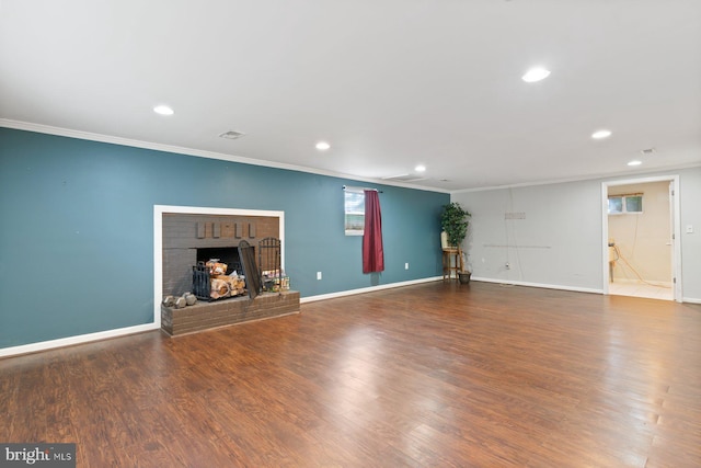 10700 Bickford Ave, Clinton, MD 20735 - unfurnished living room featuring recessed lighting, crown molding, wood finished floors, a fireplace, and baseboards