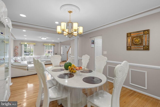 20008 Giantstep Ter, Gaithersburg, MD 20886 - dining space with crown molding, a chandelier, light wood finished floors, and recessed lighting