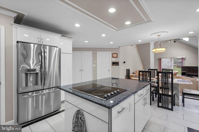 20008 Giantstep Ter, Gaithersburg, MD 20886 - kitchen with stainless steel fridge with ice dispenser, black electric stovetop, white cabinetry, pendant lighting, and ornamental molding