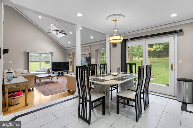 20008 Giantstep Ter, Gaithersburg, MD 20886 - dining room with crown molding, ornate columns, a ceiling fan, recessed lighting, and lofted ceiling