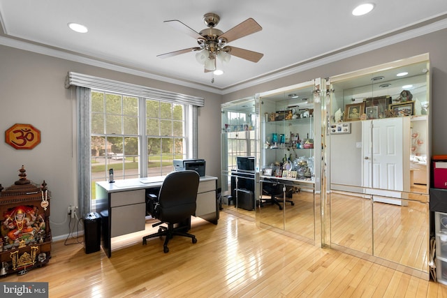 20008 Giantstep Ter, Gaithersburg, MD 20886 - office area featuring light wood-style floors, ceiling fan, ornamental molding, baseboards, and recessed lighting