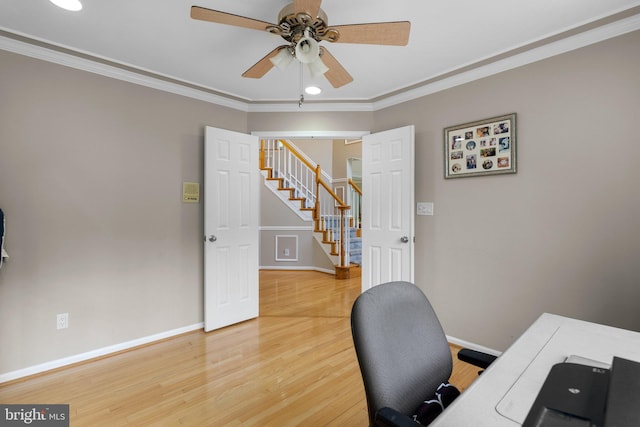 20008 Giantstep Ter, Gaithersburg, MD 20886 - home office featuring ceiling fan, light wood-style flooring, baseboards, ornamental molding, and recessed lighting