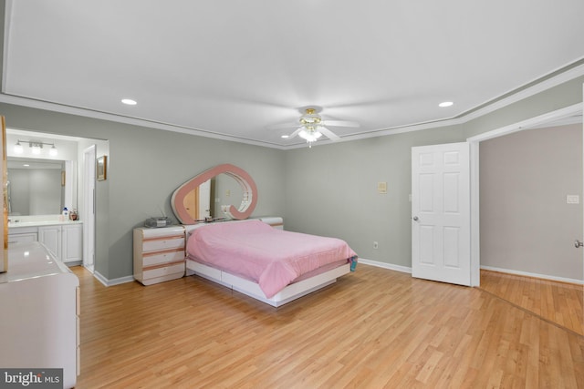 20008 Giantstep Ter, Gaithersburg, MD 20886 - bedroom with light wood-type flooring, baseboards, recessed lighting, crown molding, and ceiling fan