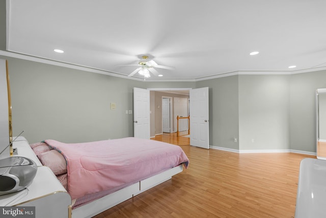 20008 Giantstep Ter, Gaithersburg, MD 20886 - bedroom featuring light wood-style floors, crown molding, recessed lighting, baseboards, and a ceiling fan