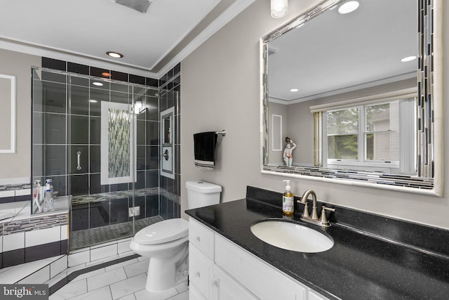 20008 Giantstep Ter, Gaithersburg, MD 20886 - full bathroom featuring crown molding, vanity, toilet, a shower stall, and recessed lighting