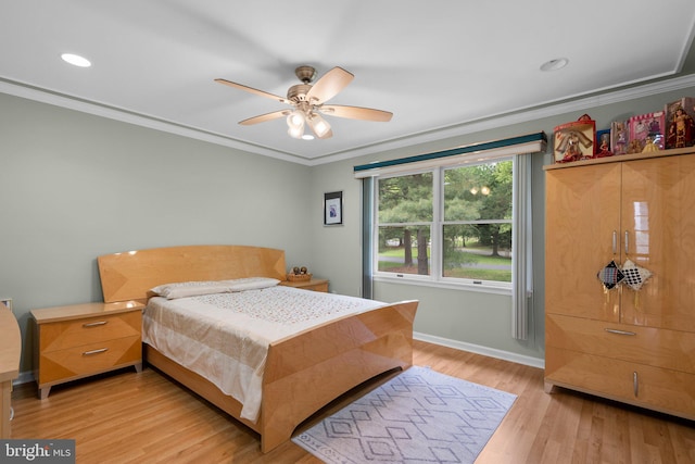 20008 Giantstep Ter, Gaithersburg, MD 20886 - bedroom featuring light wood finished floors, crown molding, baseboards, a ceiling fan, and recessed lighting