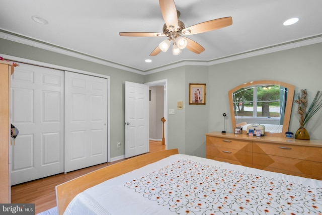 20008 Giantstep Ter, Gaithersburg, MD 20886 - bedroom with light wood-type flooring, ornamental molding, a closet, recessed lighting, and ceiling fan