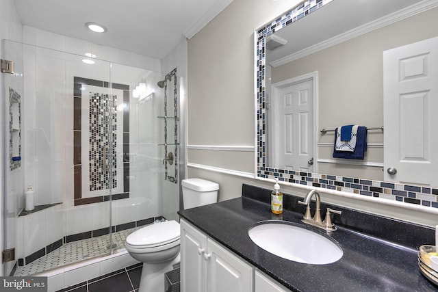 20008 Giantstep Ter, Gaithersburg, MD 20886 - full bath featuring vanity, toilet, a stall shower, tile patterned flooring, and crown molding