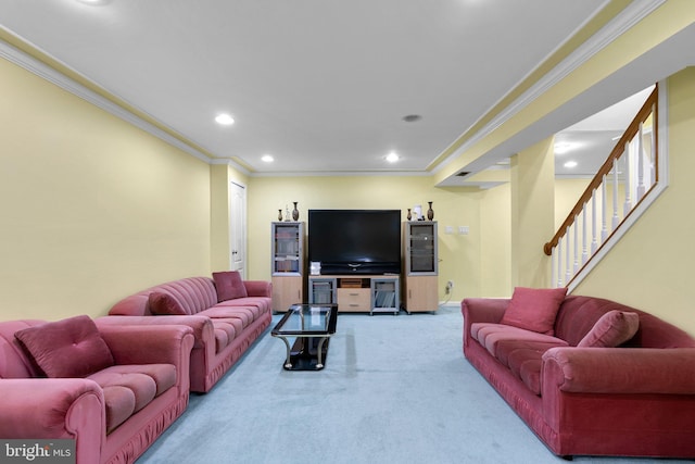20008 Giantstep Ter, Gaithersburg, MD 20886 - carpeted living room with recessed lighting, ornamental molding, and stairs