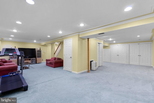 20008 Giantstep Ter, Gaithersburg, MD 20886 - finished basement with crown molding, carpet, recessed lighting, stairway, and baseboards