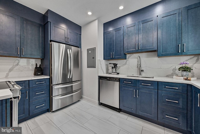 826 S 2nd St Unit 2, Philadelphia, PA 19147 - kitchen featuring stainless steel appliances, a sink, blue cabinetry, electric panel, and recessed lighting