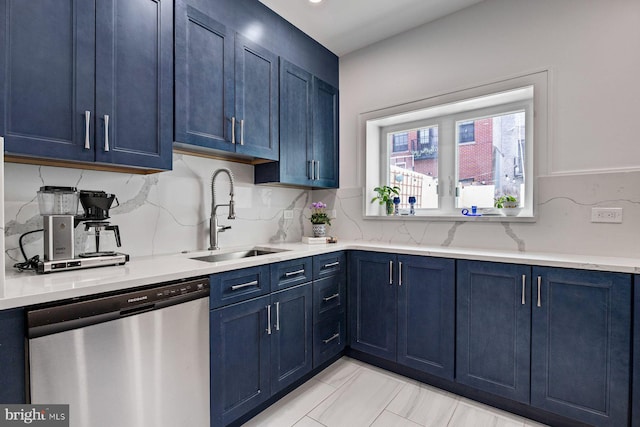 826 S 2nd St Unit 2, Philadelphia, PA 19147 - kitchen with stainless steel dishwasher, blue cabinets, a sink, and backsplash