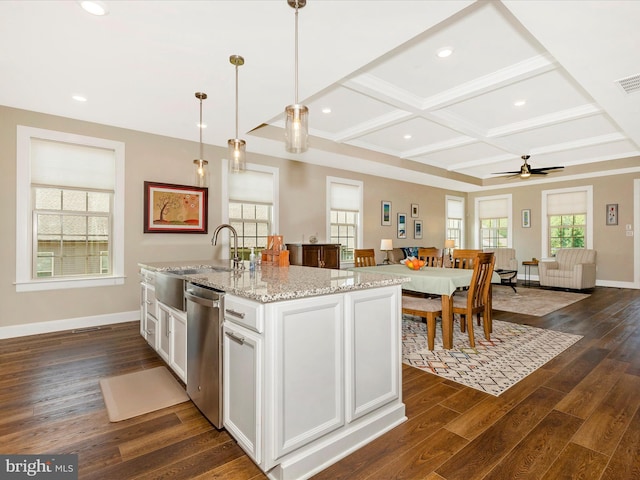 3218 Thornapple Dr, Frederick, MD 21704 - kitchen with coffered ceiling, dishwasher, dark wood finished floors, open floor plan, and white cabinets