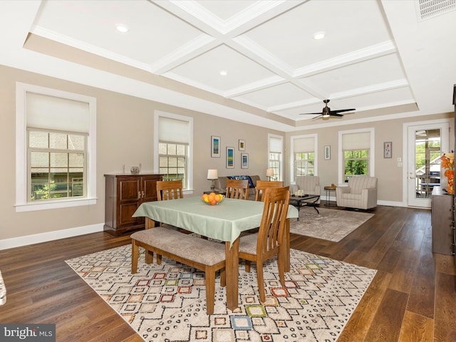 3218 Thornapple Dr, Frederick, MD 21704 - dining space featuring coffered ceiling, dark wood finished floors, a ceiling fan, baseboards, and beamed ceiling