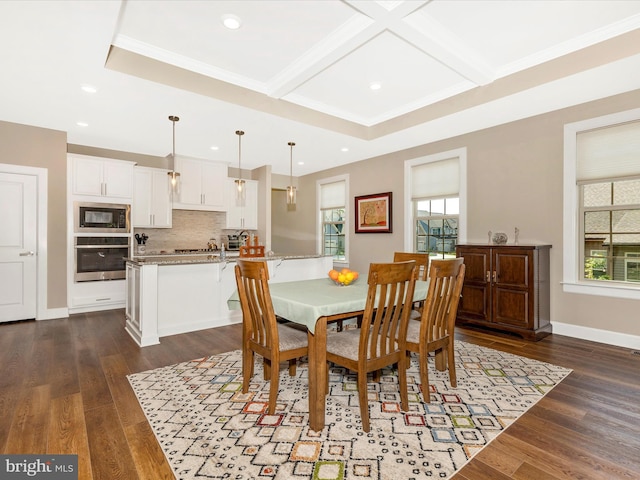 3218 Thornapple Dr, Frederick, MD 21704 - dining area featuring dark wood-style floors, coffered ceiling, recessed lighting, baseboards, and beam ceiling