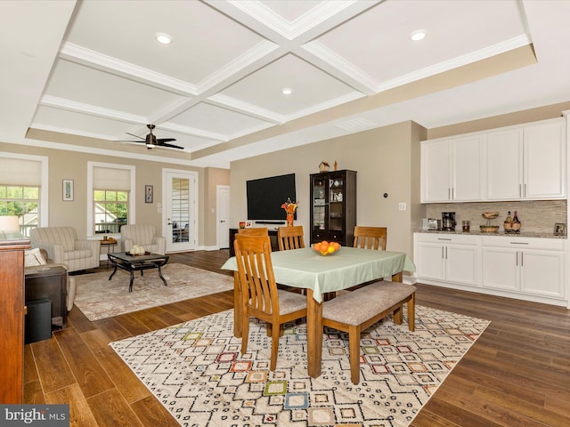 3218 Thornapple Dr, Frederick, MD 21704 - dining area with coffered ceiling, dark wood-style floors, a ceiling fan, beamed ceiling, and crown molding