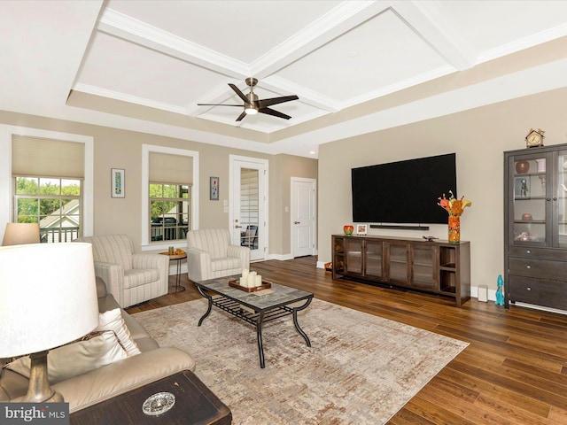 3218 Thornapple Dr, Frederick, MD 21704 - living area featuring coffered ceiling, ceiling fan, wood finished floors, and beam ceiling