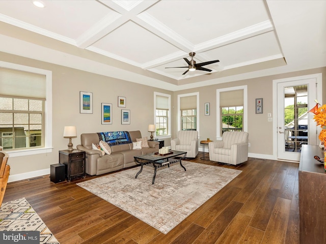 3218 Thornapple Dr, Frederick, MD 21704 - living room featuring coffered ceiling, a ceiling fan, dark wood-style floors, baseboards, and beam ceiling