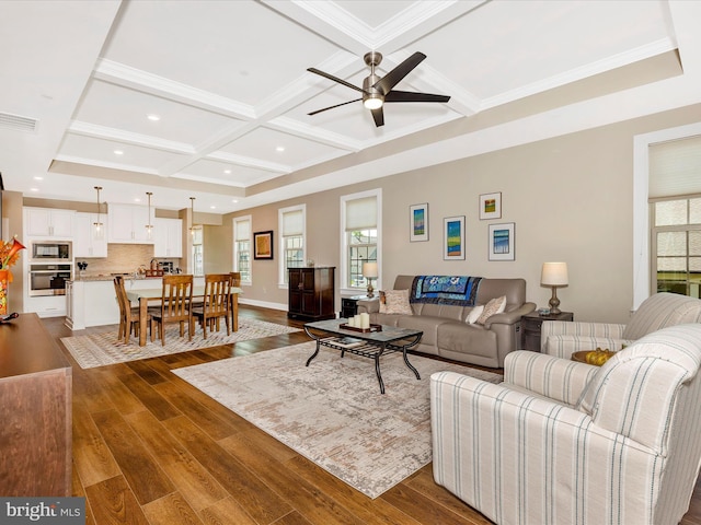 3218 Thornapple Dr, Frederick, MD 21704 - living room featuring coffered ceiling, wood finished floors, a ceiling fan, beam ceiling, and recessed lighting