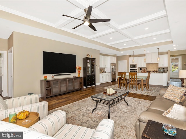 3218 Thornapple Dr, Frederick, MD 21704 - living room with coffered ceiling, dark wood-type flooring, ceiling fan, beamed ceiling, and recessed lighting