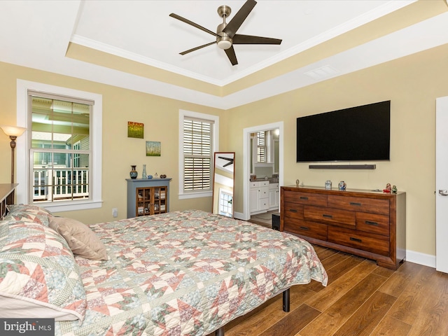 3218 Thornapple Dr, Frederick, MD 21704 - bedroom with wood finished floors, a raised ceiling, ornamental molding, baseboards, and ceiling fan