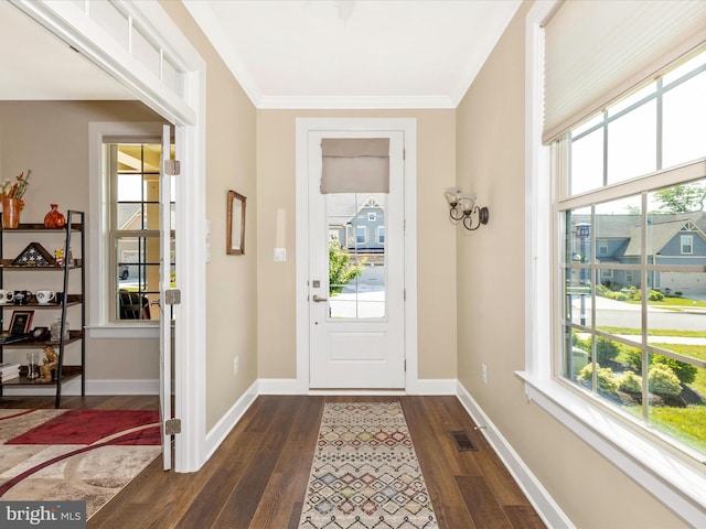 3218 Thornapple Dr, Frederick, MD 21704 - entryway with dark wood-style flooring, baseboards, and ornamental molding