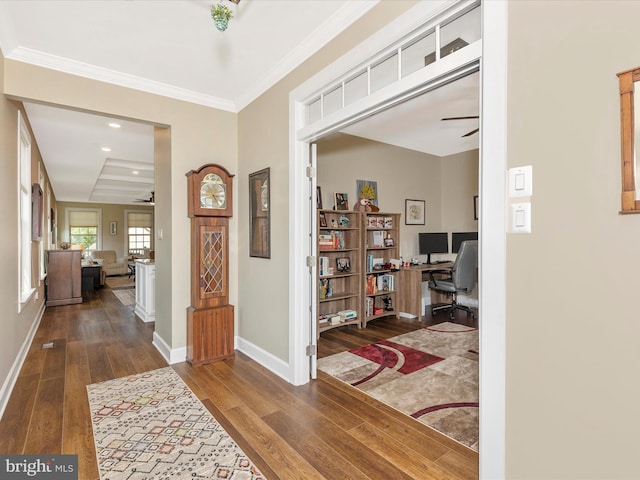 3218 Thornapple Dr, Frederick, MD 21704 - corridor featuring a desk, dark wood-style flooring, baseboards, ornamental molding, and recessed lighting