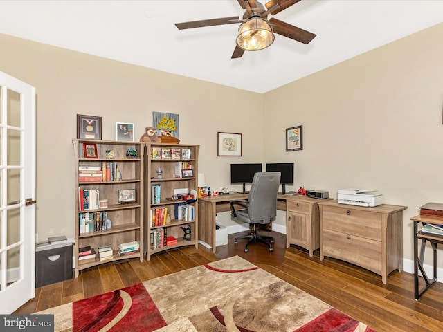 3218 Thornapple Dr, Frederick, MD 21704 - home office with wood-type flooring, ceiling fan, and baseboards