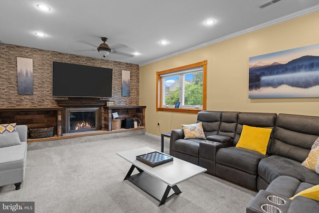 3618 Creamery Rd, Bensalem, PA 19020 - carpeted living area featuring a ceiling fan, recessed lighting, baseboards, ornamental molding, and a large fireplace