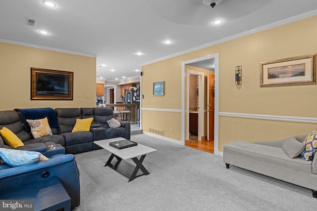 3618 Creamery Rd, Bensalem, PA 19020 - living area with light carpet, crown molding, recessed lighting, and baseboards